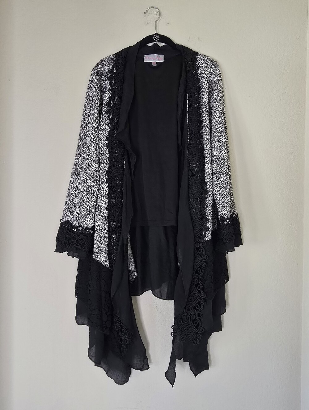 Pretty Angel Black & White Crochet-Trim Draped Cardigan Size XL